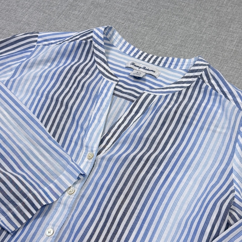 Tommy Bahama Blouse Women Small Blue Striped Tunic 3/4 Sleeve Henley Relaxed Fit